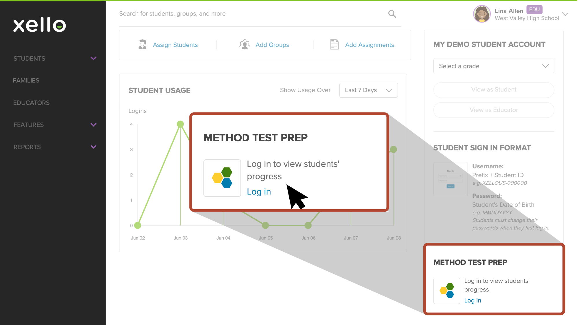 Screenshot of educator dashboard. Section with Method test prep highlighted
